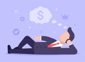 Business dreams concept. A man in a business suit lies and dreams of achieving success in business and getting a lot of money. Web