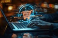 Business ecommerce concept. Person use laptop with online shopping cart icon for Internet shopping Royalty Free Stock Photo