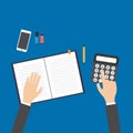 Business, education, people and technology concept - hands with calculator, pen and notebook