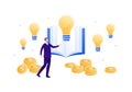 Business education and success concept. Vector flat person illustration. Businessman with open book idea light bulb and money sign Royalty Free Stock Photo