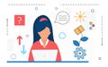 Business education, woman character with laptop and learning line icons isolated