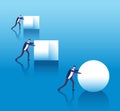 Business efficient concept. Businessmen push boxes and smart leader rolls ball. Business innovation and strategy