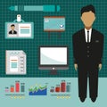 Business elements infographic with icons, charts and computer, flat design