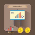 Business elements infographic with icons, charts and money, flat design