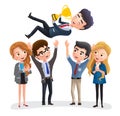 Business employee promotion vector characters. Male business character holding a golden trophy.