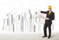 Business Engineer man with building city drawing in background Royalty Free Stock Photo