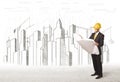 Business Engineer man with building city drawing in background Royalty Free Stock Photo