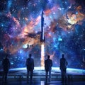 business engineers overseeing a military rocket missile launch, galaxy backdrop