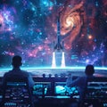 business engineers overseeing a military rocket missile launch, galaxy backdrop
