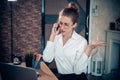 Business Entrepreneur Woman is Working on Table Desk While Calling on Mobile Phone for Own Business in Her Home Office, Royalty Free Stock Photo