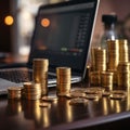 Business essentials Gold coins, laptop, calculator, and coffee cup background