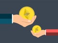Business ethereum coin concept,hand holding.Give a medal ethereum