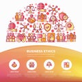 Business ethics concept in half circle with thin line icons: union, honesty, responsibility, justice, commitment, no to racism,
