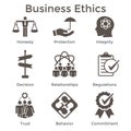 Business Ethics Solid Icon Set with Honesty, Integrity, Commitment, and Decision Royalty Free Stock Photo