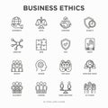 Business ethics thin line icons set: connection, union, trust, honesty, responsibility, justice, commitment, no to racism,