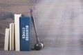 Business Ethics. Wooden gavel and books in background. Law and justice concept Royalty Free Stock Photo