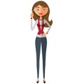 Business european woman get an idea . Smiling young woman pointing up. Vector.