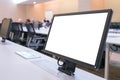 Business executive people group sitting at conference table with white blank mockup tv screen on table in meeting room Royalty Free Stock Photo