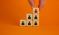 Business executive stacking wooden cubes with people icons on them in a pyramid shape in a conceptual image. Beautiful orange Royalty Free Stock Photo