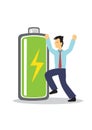Business executive in suit with full battery indicator to show his energy level, fully charged and energetic