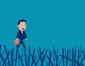 Business executive takes the risk of walking over a collapsing fence. Business vector illustration