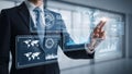Business Executive Touching Virtual Data Dashboard with Holographic Analytics and Global Business Metrics Royalty Free Stock Photo