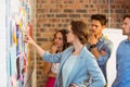 Business executives looking at sticky notes on whiteboard Royalty Free Stock Photo