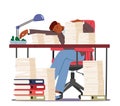 Business Failure, Stress, Burnout, Tiredness And Frustration Concept. Tired Worker Sleep On Office Desk With Paper Piles Royalty Free Stock Photo