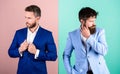 Business fashion luxury menswear. Formal outfit for manager. Businessman stylish appearance jacket pink blue background Royalty Free Stock Photo