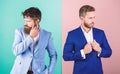 Business fashion luxury menswear. Formal outfit for manager. Businessman stylish appearance jacket pink blue background Royalty Free Stock Photo