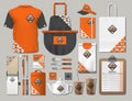 Business fastfood corporate identity items set. Vector fastfood orange Color promotional uniform, apron, menu, timetable Royalty Free Stock Photo