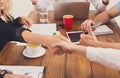 Business female handshake at office, contract conclusion and successful agreement Royalty Free Stock Photo