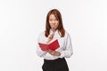 Business, finance and career concept. Portrait of reluctant and annoyed asian female in shirt, grimacing bothered Royalty Free Stock Photo