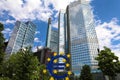 Business and finance concept with giant Euro sign at European Central Bank headquarters in the morning, business district in