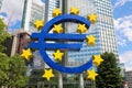 Business and finance concept with giant Euro sign at European Central Bank headquarters in the morning, business district in