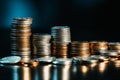 Business and finance concept: Money coins, stack, blue tinted black backdrop