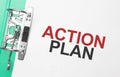 Business and finance concept. On the table are a notebook, a pen, documents and a folder with the inscription ACTION PLAN Royalty Free Stock Photo