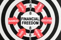 On the target, arrows with business lettering point to the center on a business card with the inscription - FINANCIAL FREEDOM