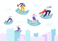 Business finance concept, vector illustration. Cartoon man woman people success at money banknote flying at city Royalty Free Stock Photo
