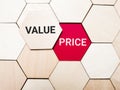 Business and finance concept. Words value and price on wooden hexagon. Royalty Free Stock Photo