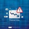 business finance crisis concept with alert exclamation mark. money graph fall down symbol. arrow decrease economy stretching Royalty Free Stock Photo