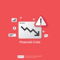 business finance crisis concept with alert exclamation mark. money graph fall down symbol. arrow decrease economy stretching Royalty Free Stock Photo