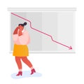Business Finance Crisis Concept. Stressed Businesswoman Looking at Arrow Diagram Fall Down. Decrease Economy Sale