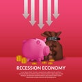 Business finance crisis. Global economy recession. Inflation and bankrupt. illustration of money bag, piggy bank, and golden money