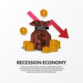 Business finance crisis. Global economy recession. Inflation and bankrupt. illustration of money bag, golden money and red bearish