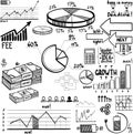 Business finance doodle hand drawn elements. Concept - graph, chart, pie, arrows signs