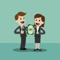 Businessman and businesswoman hold money in his hand and has profit. Succsessful business. Payments Royalty Free Stock Photo