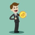 Crypto-currency market. Business, success businessman, money, pop art retro style, Cartoon illustration, Bitcoin