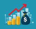 business finance graph growth and bag money coin. investment arrow up. profit income chart increase. vector illustration flat Royalty Free Stock Photo