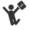 Business finance icon with jumping man with suitcase with money